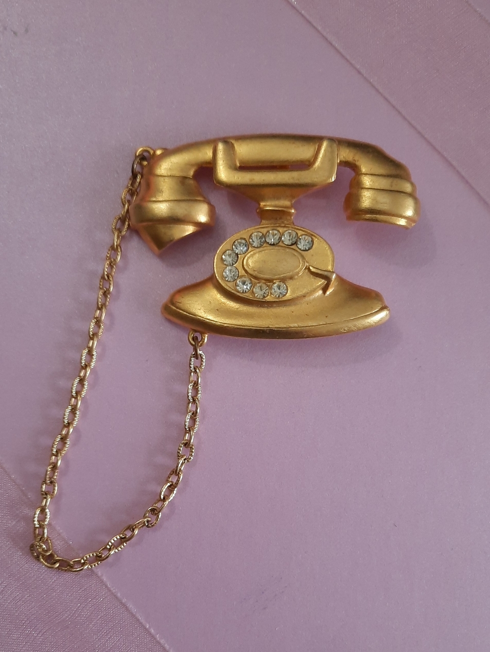 JJ Jonette Gold Telephone Brooch with Rhinestone Accents